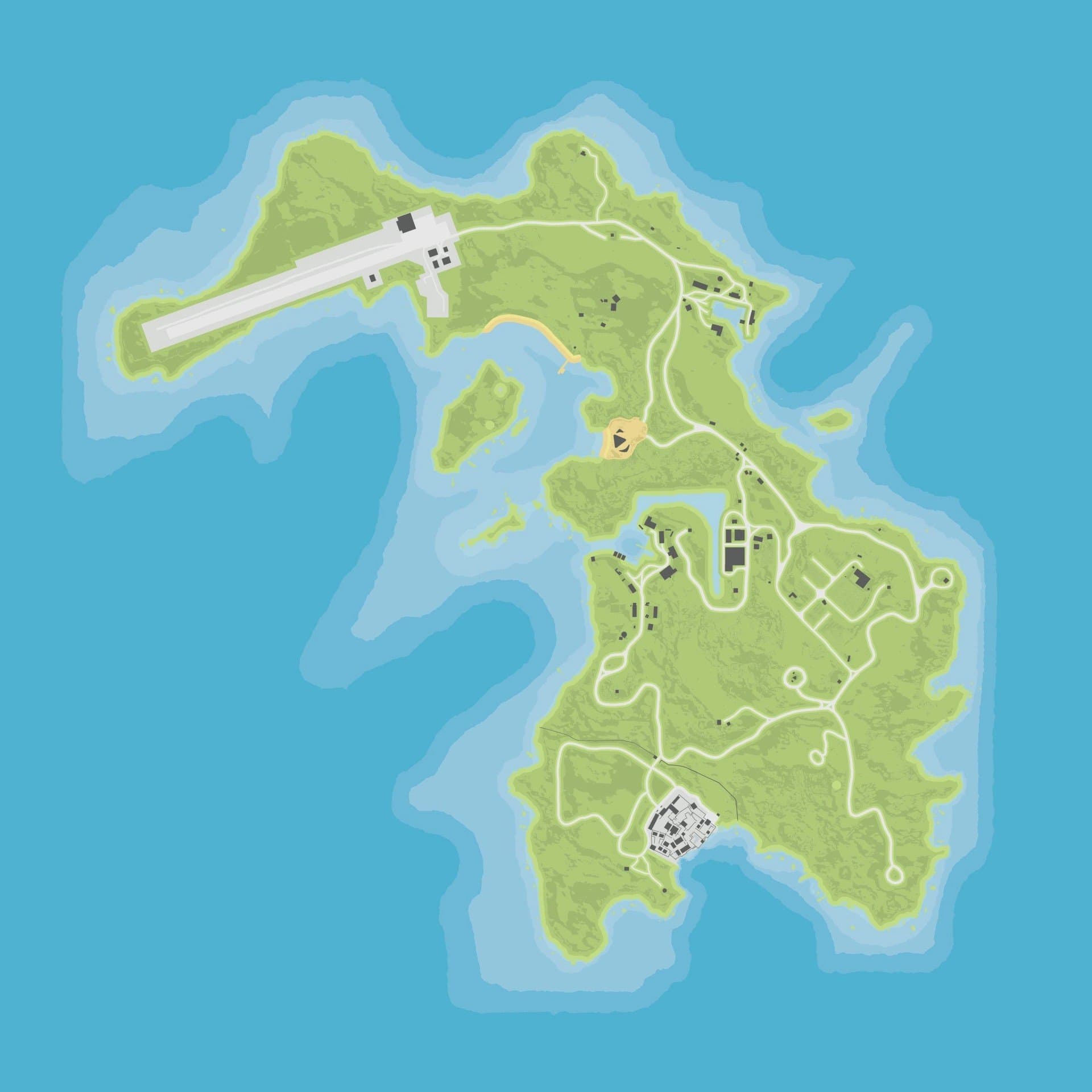 Real Cayo Perico atlas map showing the compound, airstrip, docks and island roads